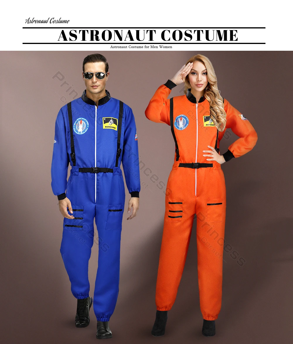 Adult Astronaut Costume for Women Men Flight Suit Costume Cosplay Space Astronaut Blue Full Body Jumpsuit with Zipper Carnival