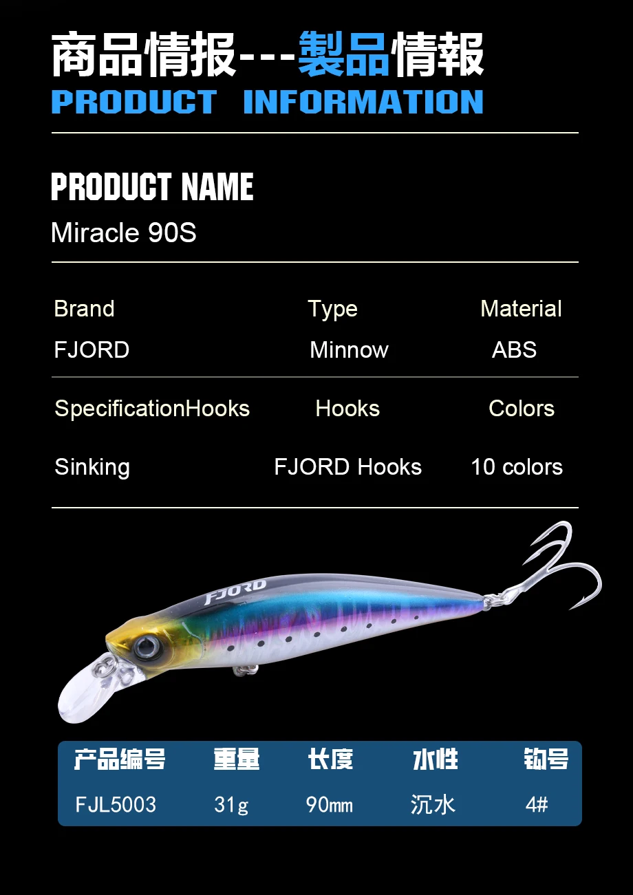 FJORD 90mm 31g Laser Miracle Sinking Black Minnow Hard Triple Hook Seawater Saltwater SwimBait Artificial Pesca Fishing Lure