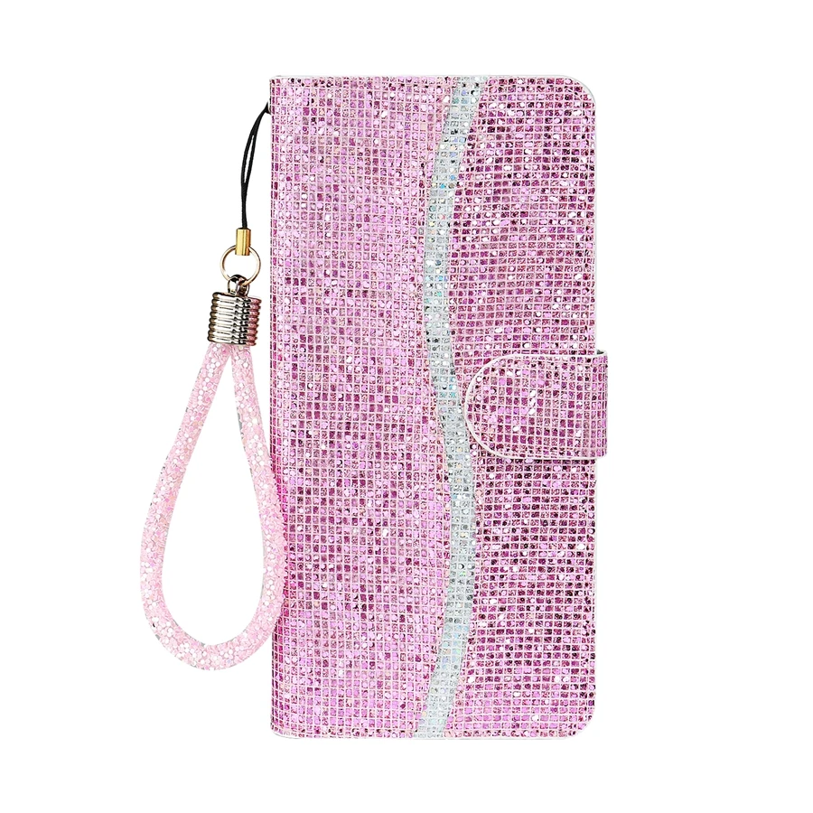 Glitter Anti-fall Wallet Magnetic Flip Leather Case For iPhone Air 17 Pro Max 16e 15 Plus 14 13 12 11 XR With Hand Strap Cover