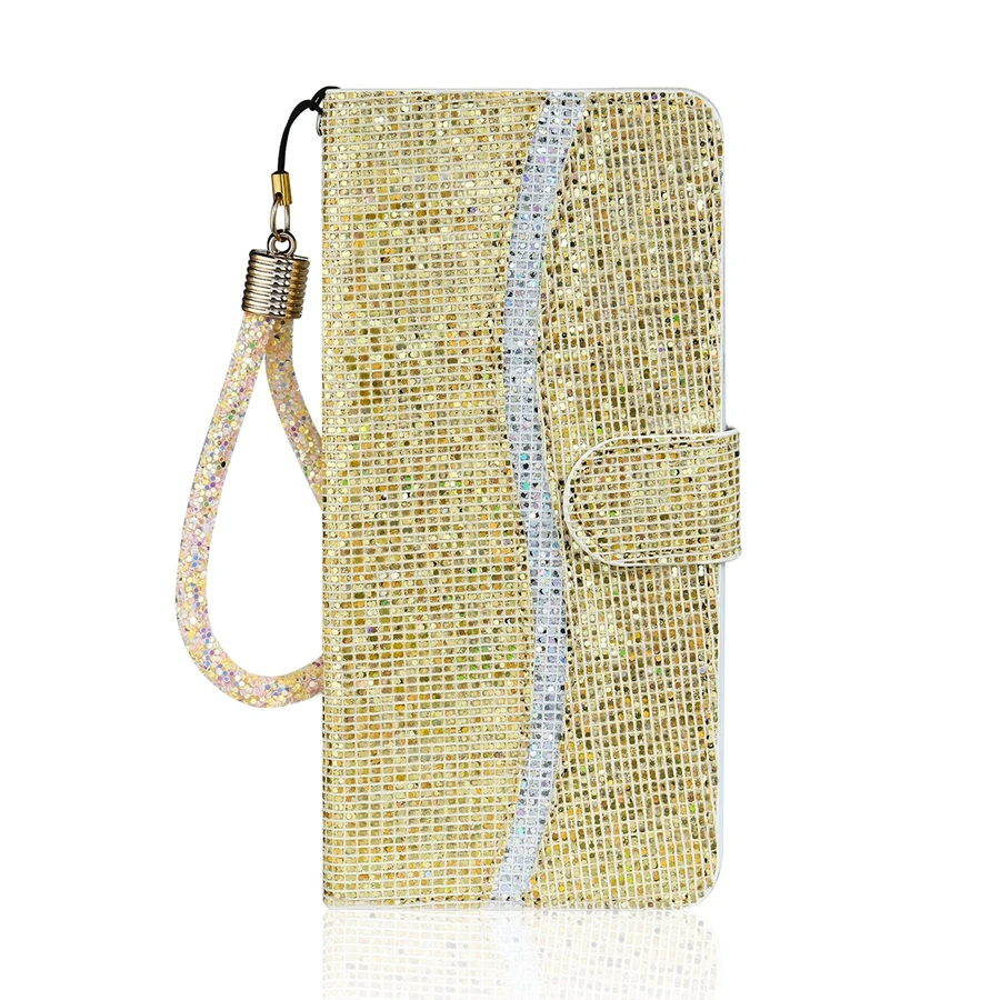 Glitter Anti-fall Wallet Magnetic Flip Leather Case For iPhone Air 17 Pro Max 16e 15 Plus 14 13 12 11 XR With Hand Strap Cover