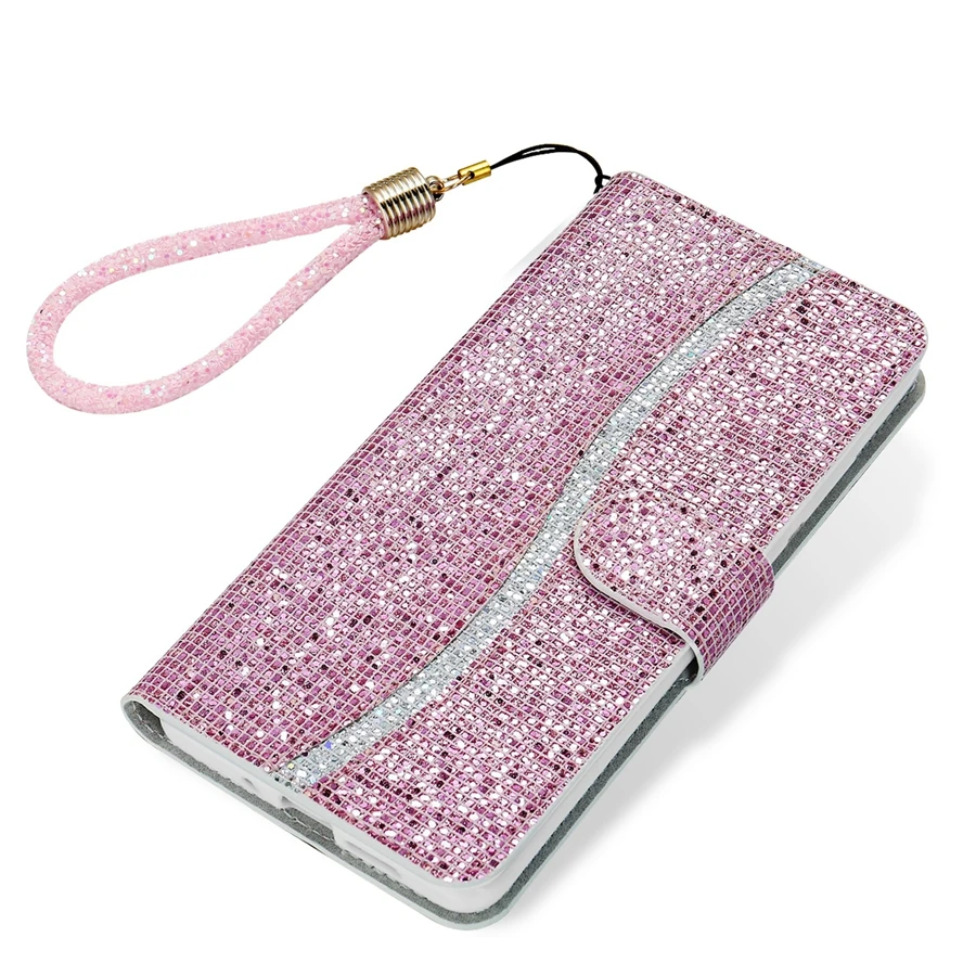 Glitter Anti-fall Wallet Magnetic Flip Leather Case For iPhone Air 17 Pro Max 16e 15 Plus 14 13 12 11 XR With Hand Strap Cover