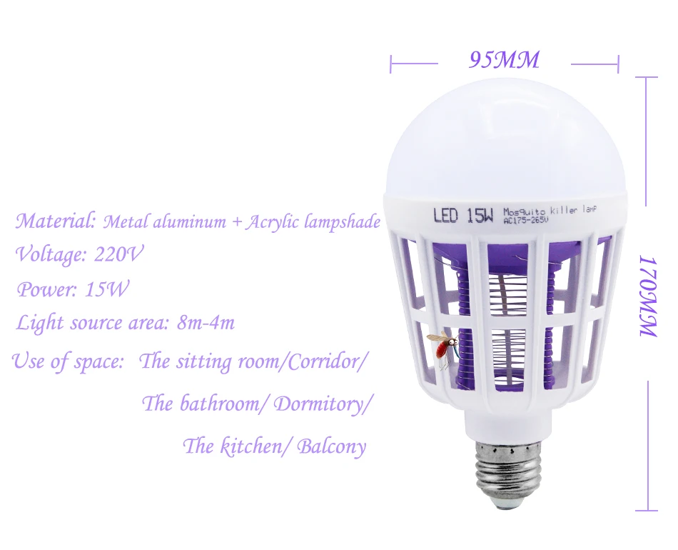 E27 Mosquito Killer Lamp Bulb 110V 220V 15W LED Light Bulbs 2 In 1 Repellent Fly Killing Lighting Bug Zapper Energy Saving Lamps
