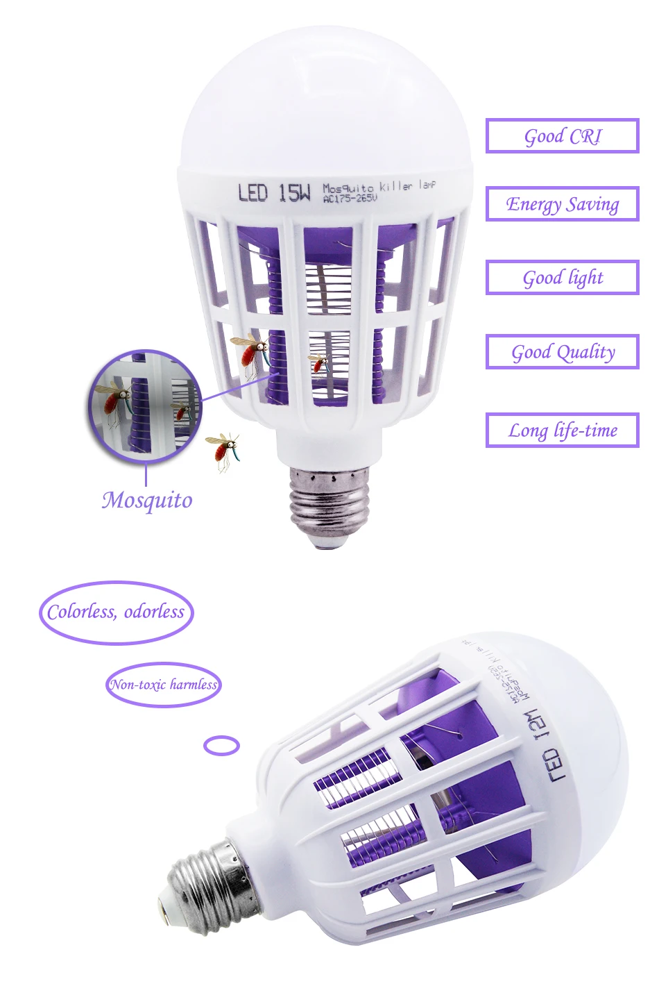 E27 Mosquito Killer Lamp Bulb 110V 220V 15W LED Light Bulbs 2 In 1 Repellent Fly Killing Lighting Bug Zapper Energy Saving Lamps