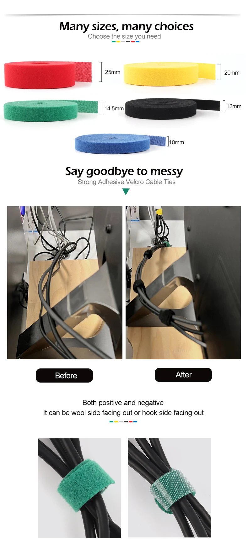 5M/Roll 10/12/14.5/20/25mm Width Cable Organizer USB Cable Winder Management Nylon Free Cut Ties Mouse Earphone Cord Cable Ties