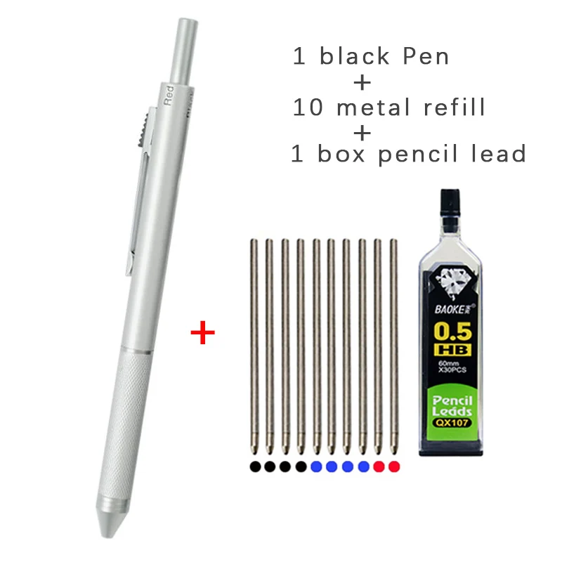 High Grade Metal Multicolor Ballpoint Pen 4 In 1 Ball Pen 0.7mm Black Blue Red Refills and Pencil Lead Offfice School Writing