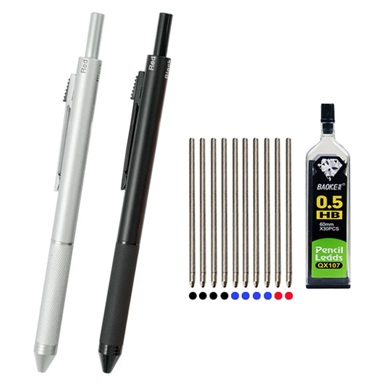 High Grade Metal Multicolor Ballpoint Pen 4 In 1 Ball Pen 0.7mm Black Blue Red Refills and Pencil Lead Offfice School Writing