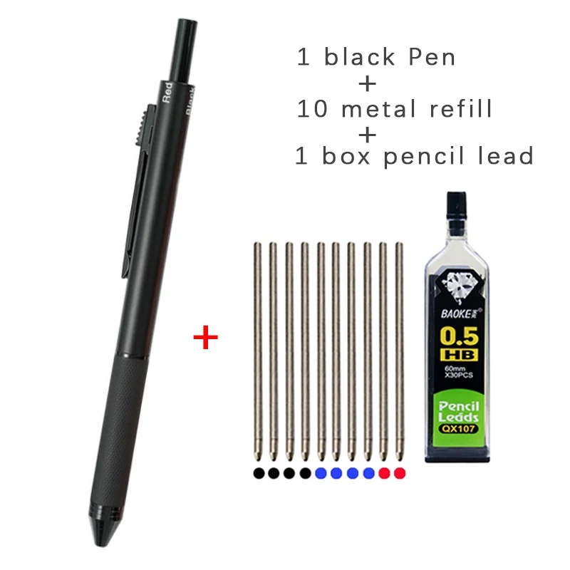 High Grade Metal Multicolor Ballpoint Pen 4 In 1 Ball Pen 0.7mm Black Blue Red Refills and Pencil Lead Offfice School Writing
