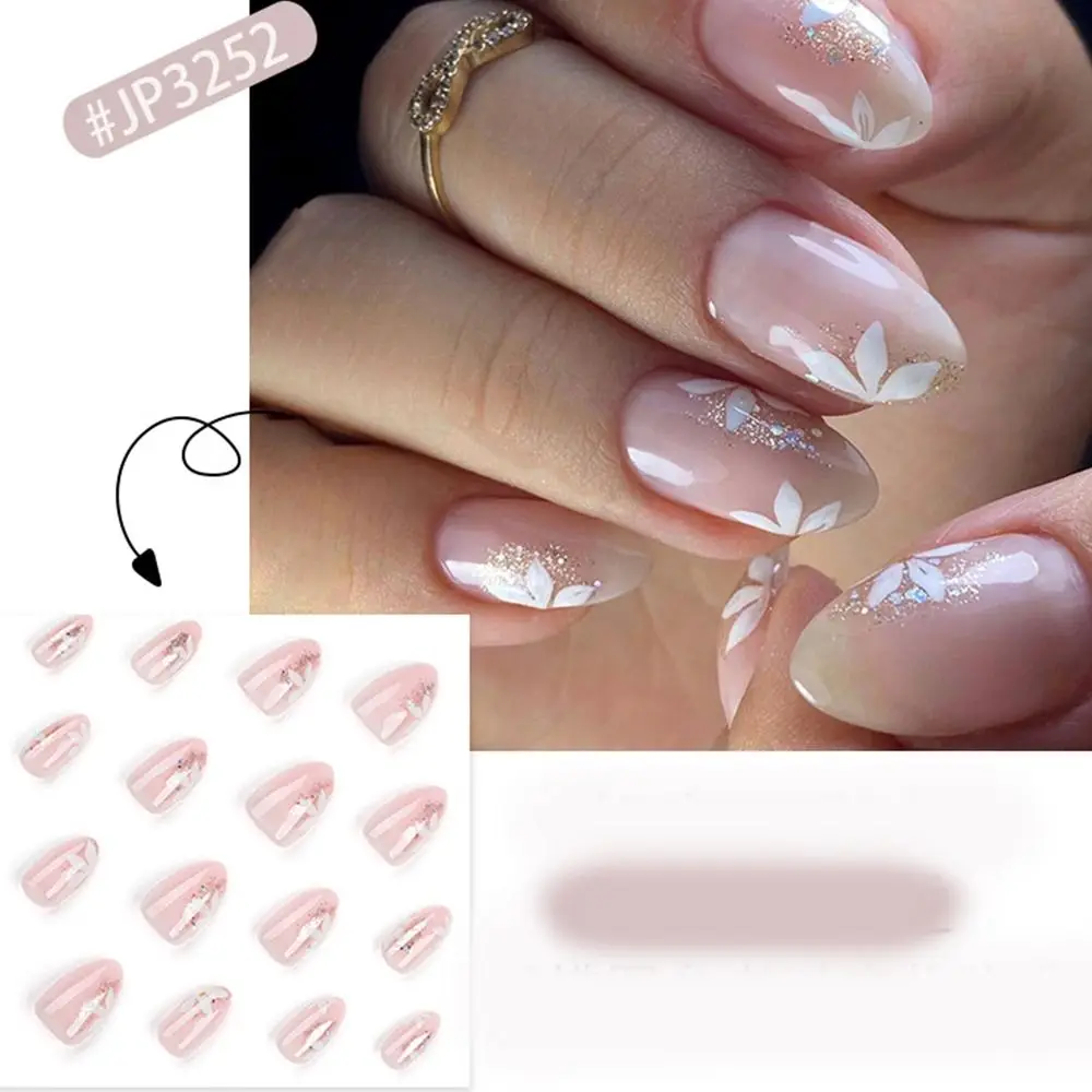24pcs/Box Fresh Floral Almond False Nails Press On Nails Detachable Fake Nail Tip Purple with Design Manicure Patches