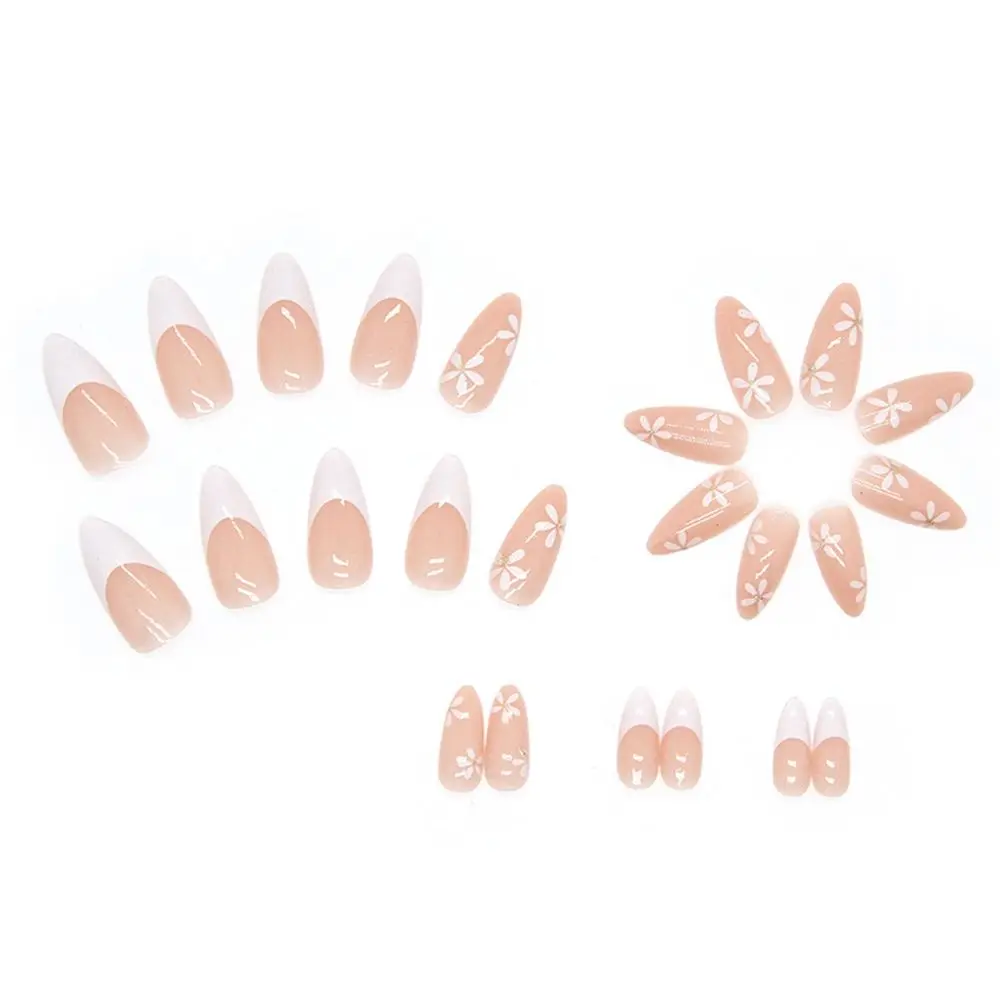 24pcs/Box Fresh Floral Almond False Nails Press On Nails Detachable Fake Nail Tip Purple with Design Manicure Patches