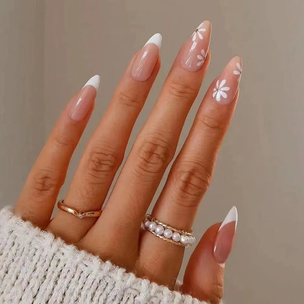 24pcs/Box Fresh Floral Almond False Nails Press On Nails Detachable Fake Nail Tip Purple with Design Manicure Patches