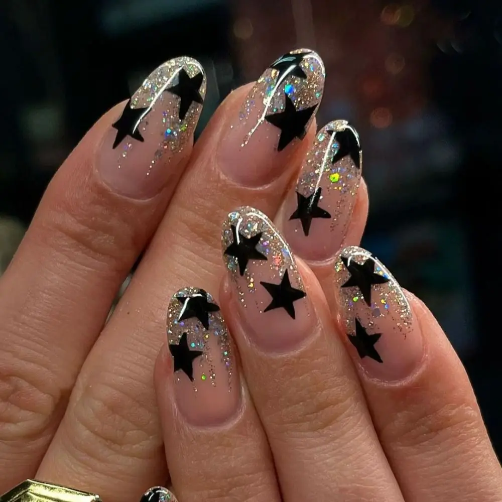 24pcs/Box Fresh Floral Almond False Nails Press On Nails Detachable Fake Nail Tip Purple with Design Manicure Patches