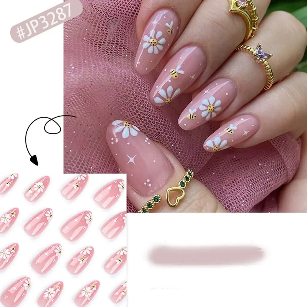 24pcs/Box Fresh Floral Almond False Nails Press On Nails Detachable Fake Nail Tip Purple with Design Manicure Patches
