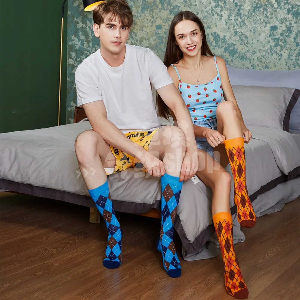 Men Happy Colorful Striped Women Socks Quality Plaid Diamond Pattern Argyle Geometric Harajuku Combed Cotton Sock Christmas Gift