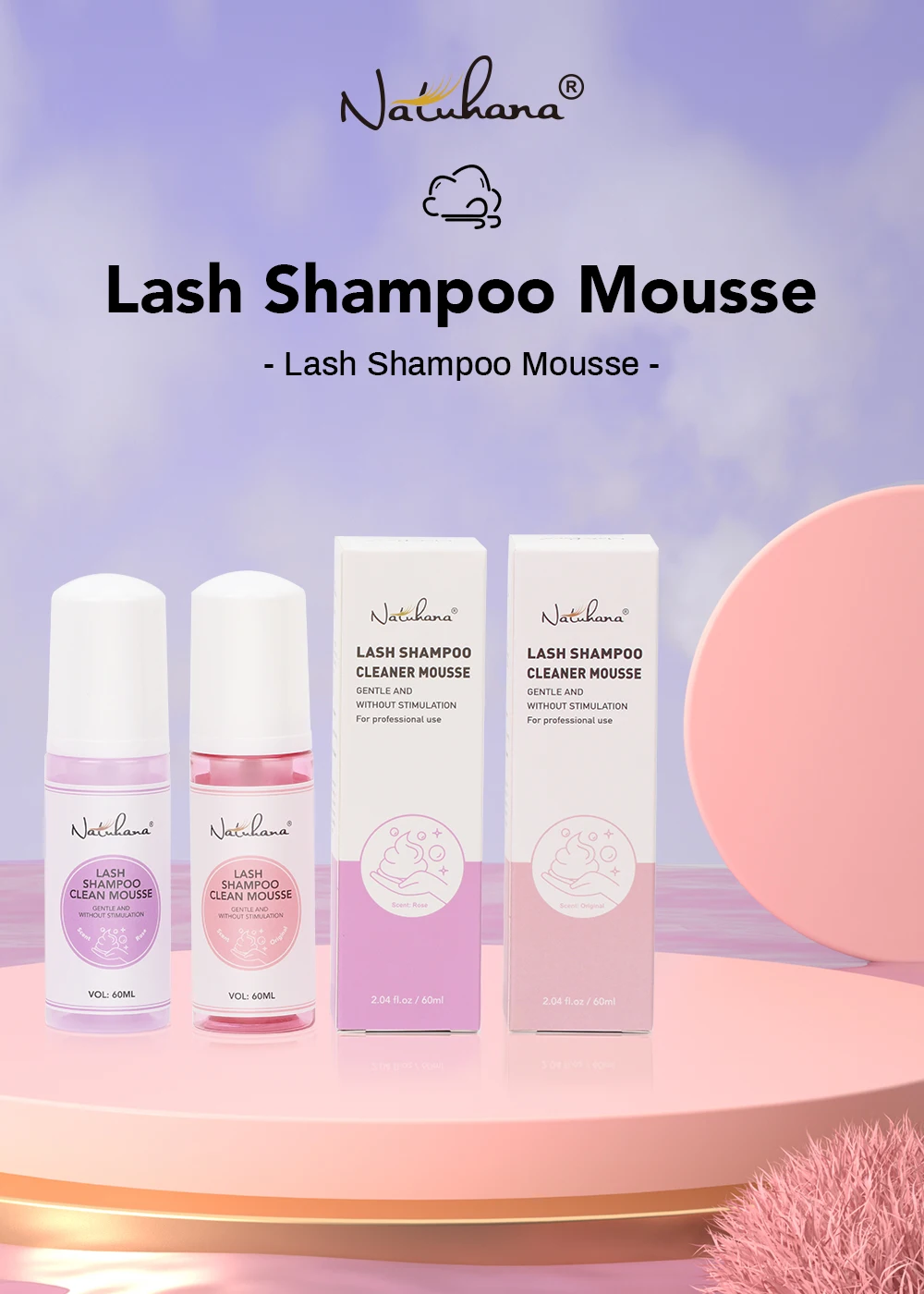NATUHANA 60ml Gentle Lash Cleansing Mousse No Irritation Eyelash Shampoo for Extensions Grafting Makeup Remover Glue Cleanser