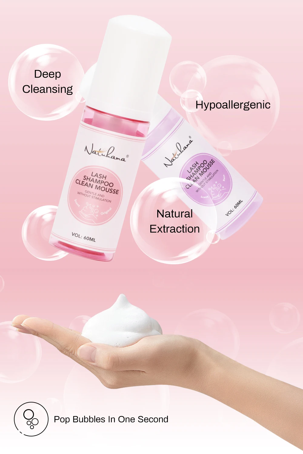 NATUHANA 60ml Gentle Lash Cleansing Mousse No Irritation Eyelash Shampoo for Extensions Grafting Makeup Remover Glue Cleanser