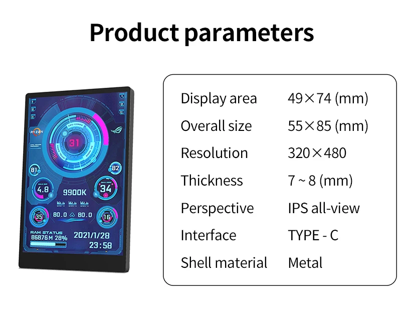 3.5 Inch IPS TYPE-C Secondary Screen DIY Computer Monitor USB-TYPEC Secondary Screen for Windows Built-in Software