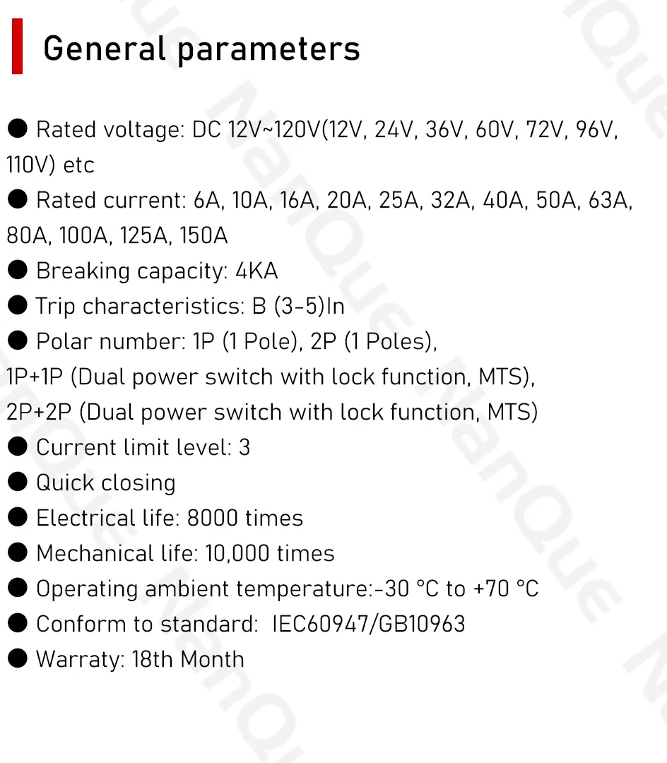 DC MCB 12V 24V 48V 60V 110V Circuit Breaker Battery Protect Switch Positive Negative Short Circuit 2P 10A 20A 50A 100A 125A 150A