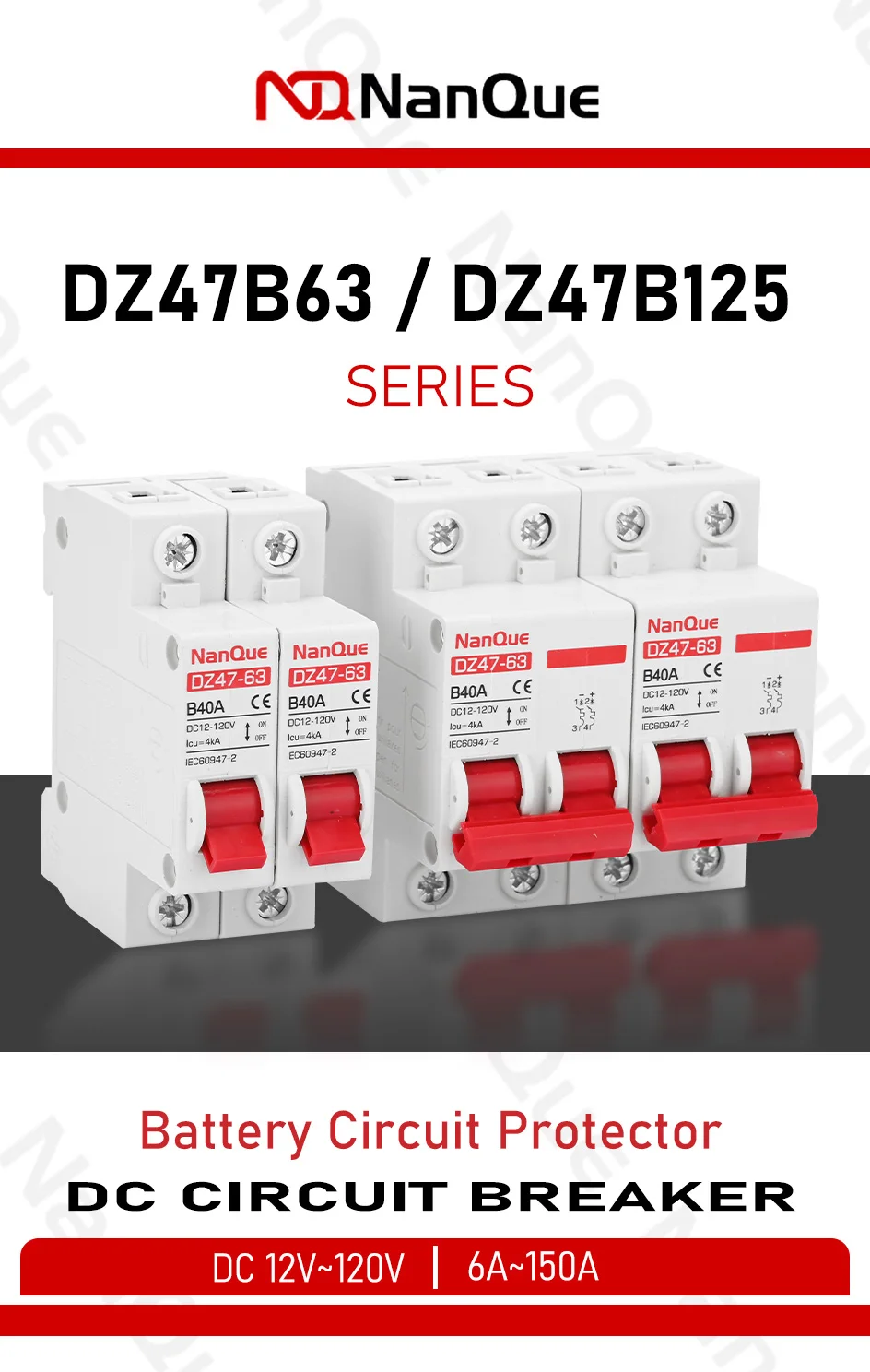 DC MCB 12V 24V 48V 60V 110V Circuit Breaker Battery Protect Switch Positive Negative Short Circuit 2P 10A 20A 50A 100A 125A 150A