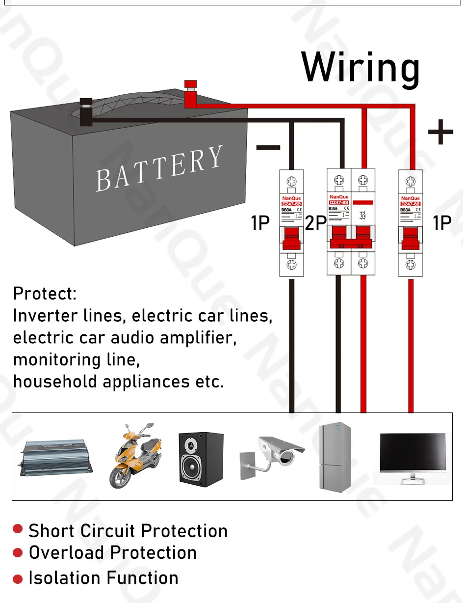 DC MCB 12V 24V 48V 60V 110V Circuit Breaker Battery Protect Switch Positive Negative Short Circuit 2P 10A 20A 50A 100A 125A 150A