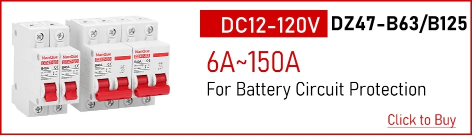 DC MCB 12V 24V 48V 60V 110V Circuit Breaker Battery Protect Switch Positive Negative Short Circuit 2P 10A 20A 50A 100A 125A 150A