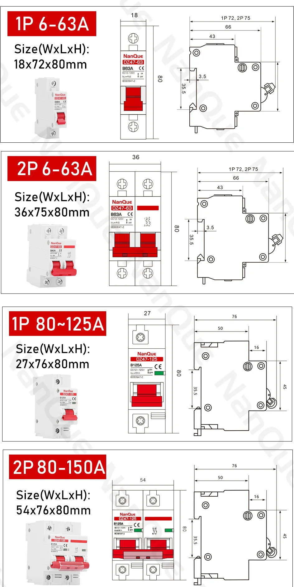 DC MCB 12V 24V 48V 60V 110V Circuit Breaker Battery Protect Switch Positive Negative Short Circuit 2P 10A 20A 50A 100A 125A 150A