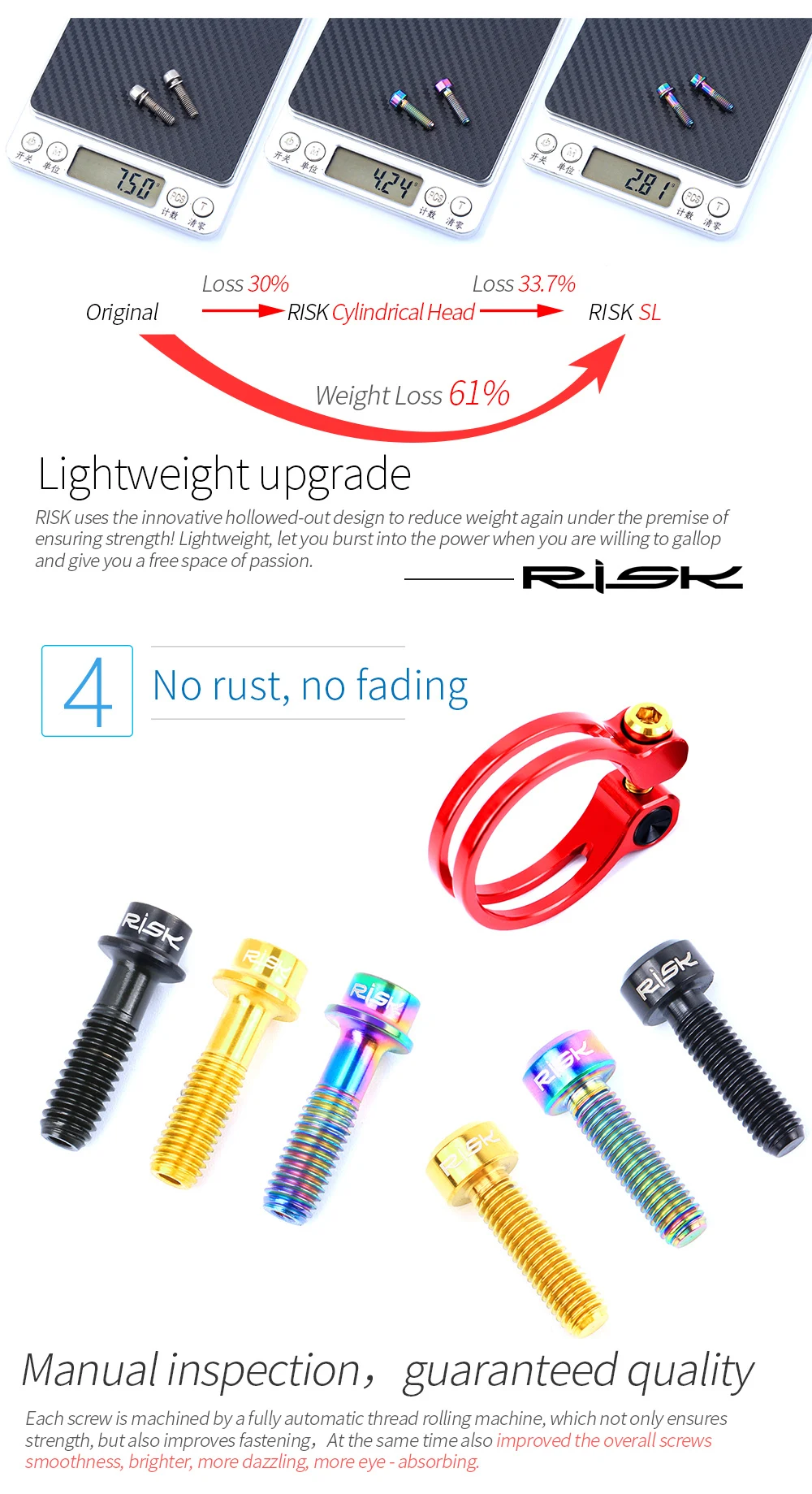 RISK 2PCS M5x18mm Bicycle Seat Post Clamp Screws Titanium Ti MTB Road Bike Brake Lever Fixing Bolts Front Derailleur Clip Screws