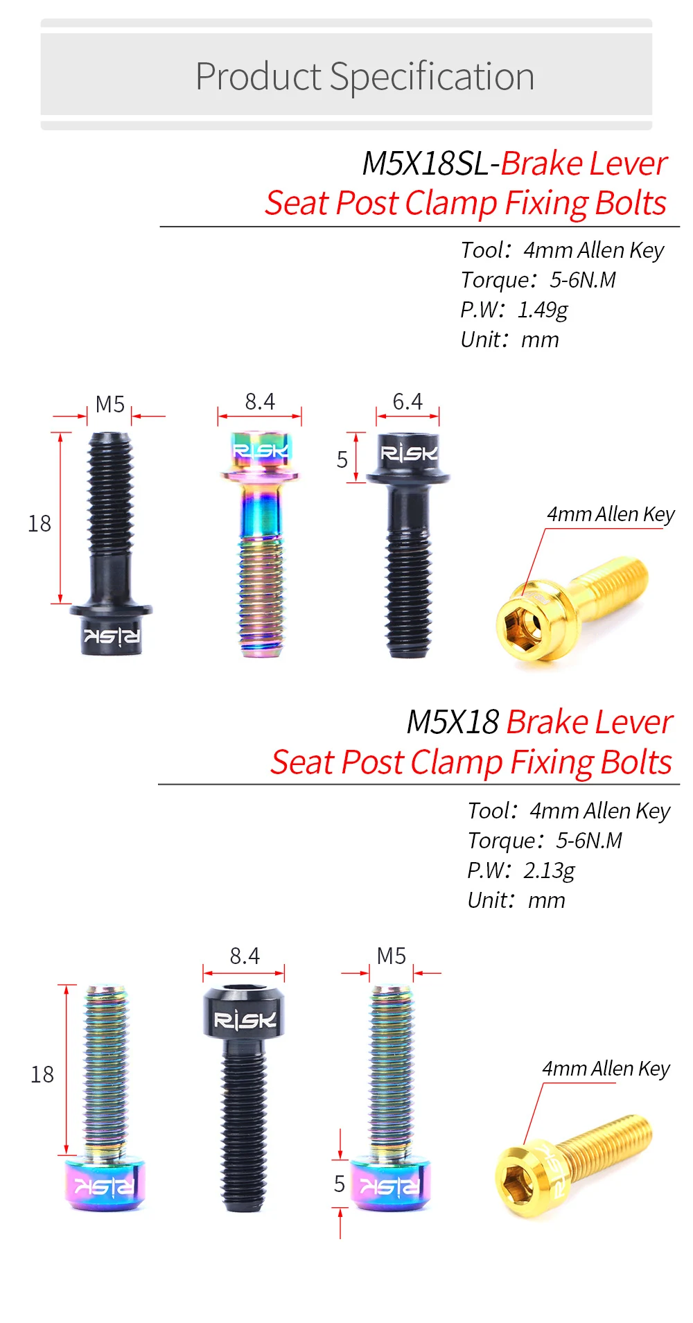 RISK 2PCS M5x18mm Bicycle Seat Post Clamp Screws Titanium Ti MTB Road Bike Brake Lever Fixing Bolts Front Derailleur Clip Screws