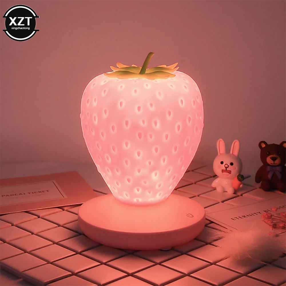 LED Strawberry Lamp for Bedroom Silicon Touch-Sensor USB Rechargeable Dimmable Idyllic Bedside Night Light for House Decoration