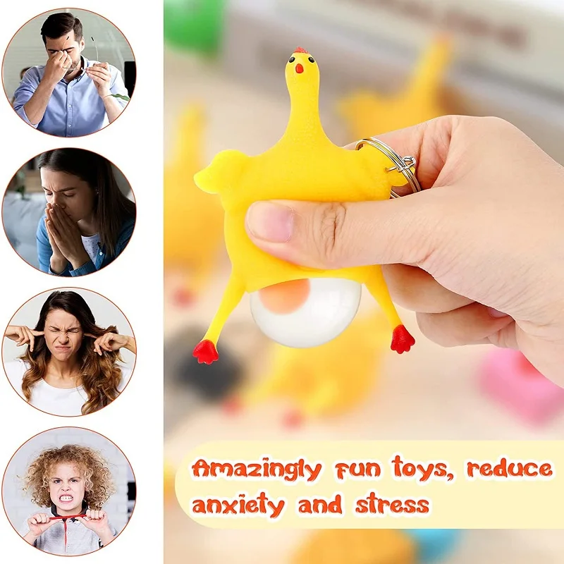 2 PCS Funny Squishy Toys Vent Chicken Laying Egg Squeezable Poppit Stress Relieve Chird Gifts Antistress Keychain for Game
