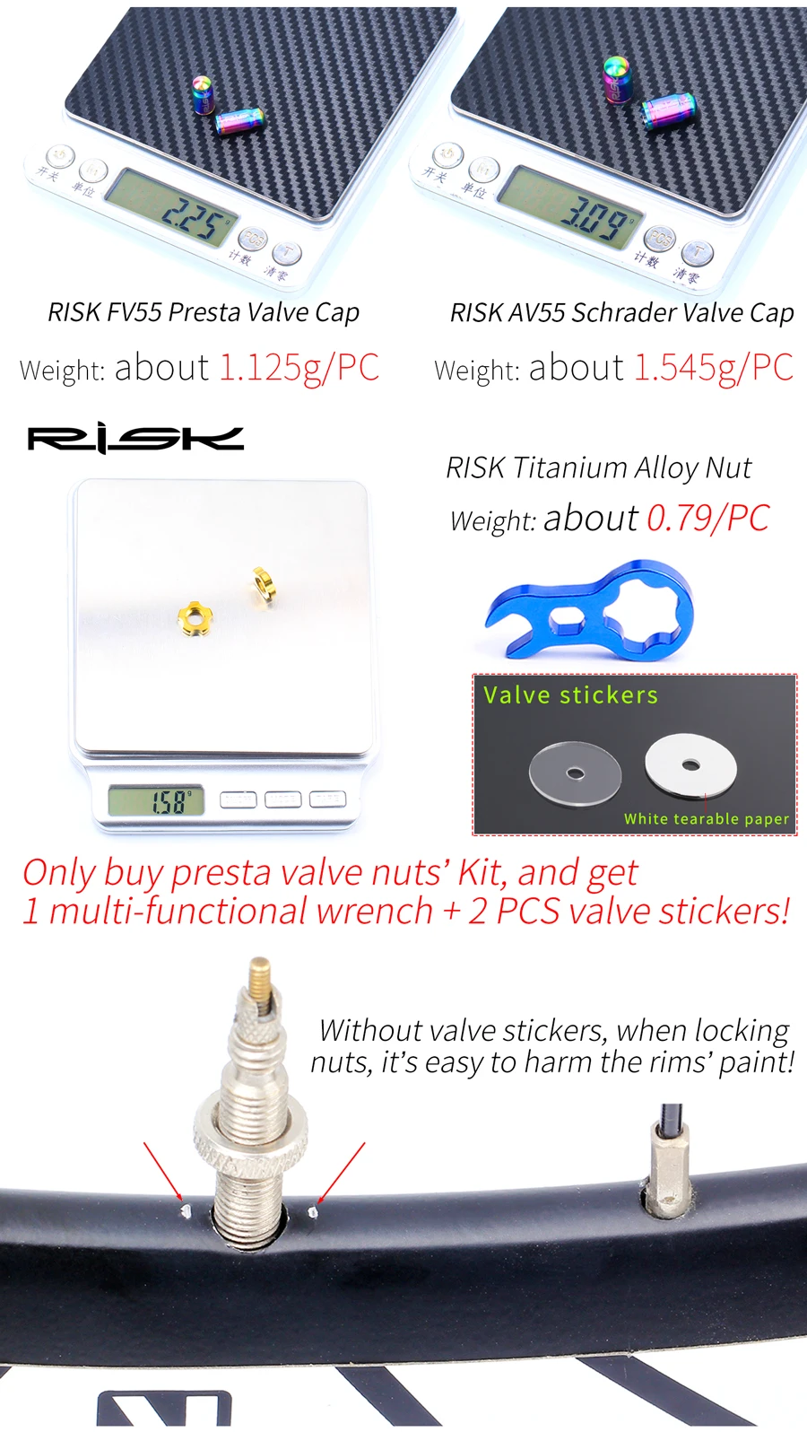 RISK Bicycle Presta Valve Cap Nut Schrader Valve Cap FV55 AV55 Mountain Bike MTB Titanium Road Bike Cycling Accessories
