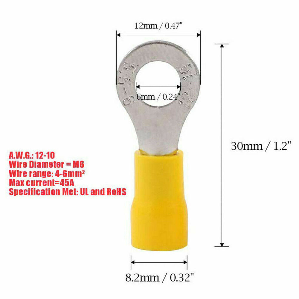 10/50/100PCS Yellow Ring 4-6MM Insulated Wire Connector Electrical Crimp Terminal Cable Wire 12-10AWG Car Audio Crimp Connectors