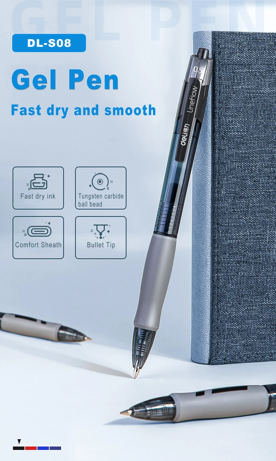 Deli Gel Pens Set 0.5mm Retractable Bullet Ballpoint Pen Blue Black Red Ink Refill for School Office Writing Stationery Supplies