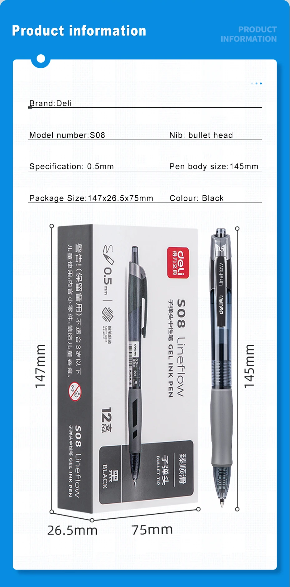 Deli Gel Pens Set 0.5mm Retractable Bullet Ballpoint Pen Blue Black Red Ink Refill for School Office Writing Stationery Supplies