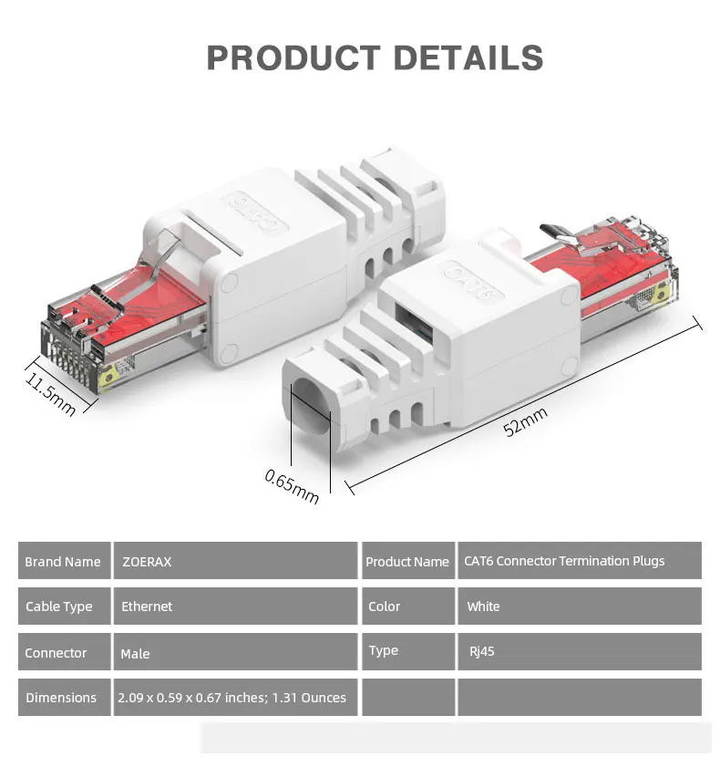ZoeRax 1PCS Tool Free RJ45 CAT6 Connector Ethernet Termination Plugs, 23AWG to 26AWG Cable Internet Plug Installation Toolless