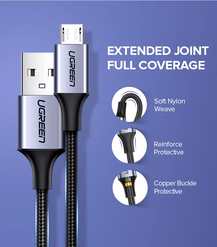 UGREEN 2 Pack Micro USB Cable 2A Fast Charging 1.5m USB Cable for Samsung Xiaomi HTC USB Charger Data Cable Mobile Phone Cable