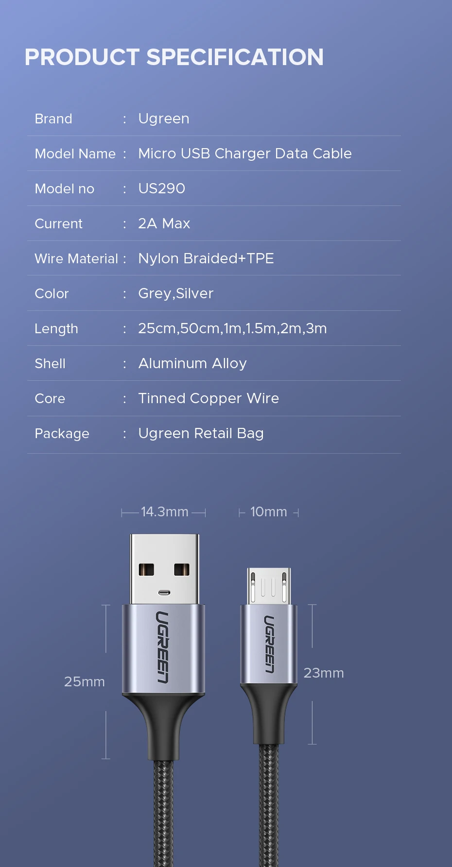 UGREEN 2 Pack Micro USB Cable 2A Fast Charging 1.5m USB Cable for Samsung Xiaomi HTC USB Charger Data Cable Mobile Phone Cable
