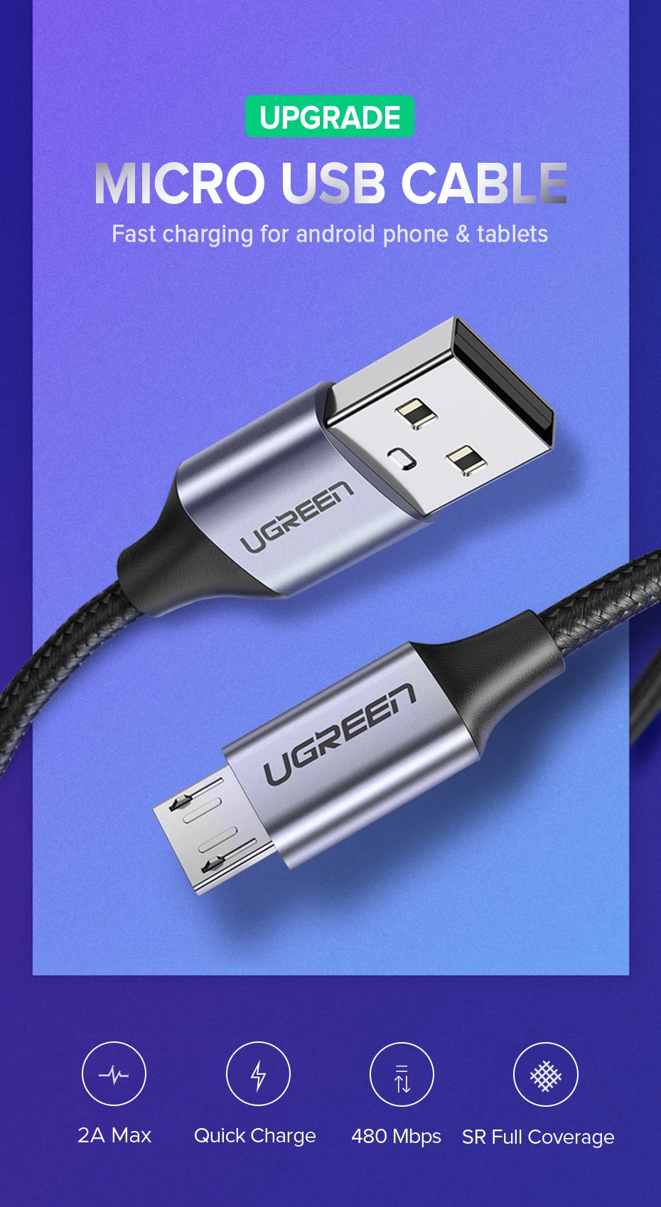 UGREEN 2 Pack Micro USB Cable 2A Fast Charging 1.5m USB Cable for Samsung Xiaomi HTC USB Charger Data Cable Mobile Phone Cable