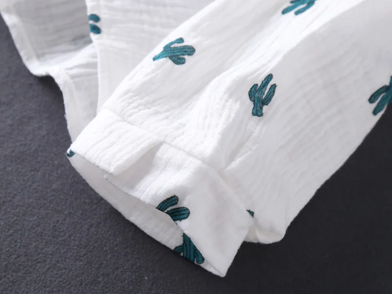 New Japanese Style Spring And Autumn Ladies Cotton Crepe Cloth Long-sleeved Trousers Pajamas Cactus Comfortable Home Service