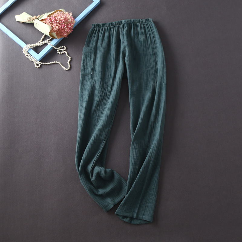 New Japanese Style Spring And Autumn Ladies Cotton Crepe Cloth Long-sleeved Trousers Pajamas Cactus Comfortable Home Service