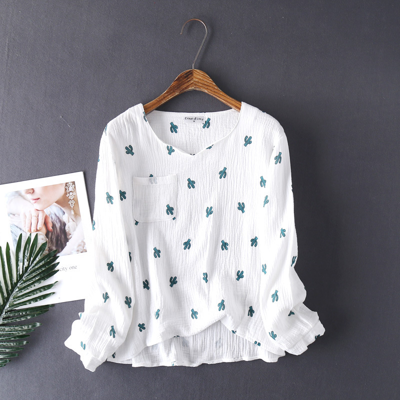 New Japanese Style Spring And Autumn Ladies Cotton Crepe Cloth Long-sleeved Trousers Pajamas Cactus Comfortable Home Service