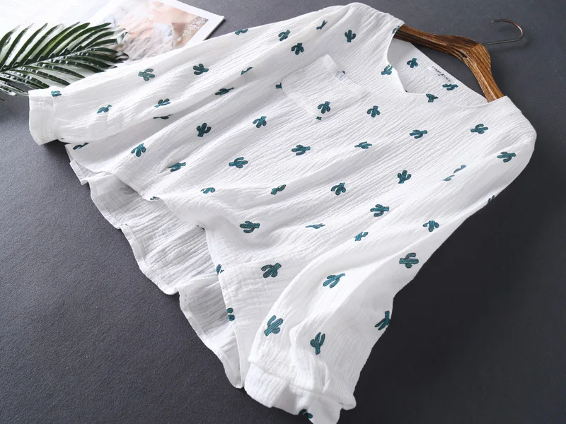 New Japanese Style Spring And Autumn Ladies Cotton Crepe Cloth Long-sleeved Trousers Pajamas Cactus Comfortable Home Service