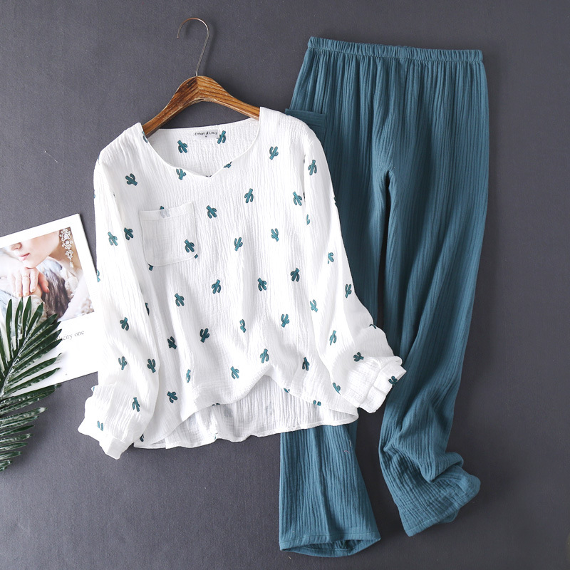 New Japanese Style Spring And Autumn Ladies Cotton Crepe Cloth Long-sleeved Trousers Pajamas Cactus Comfortable Home Service