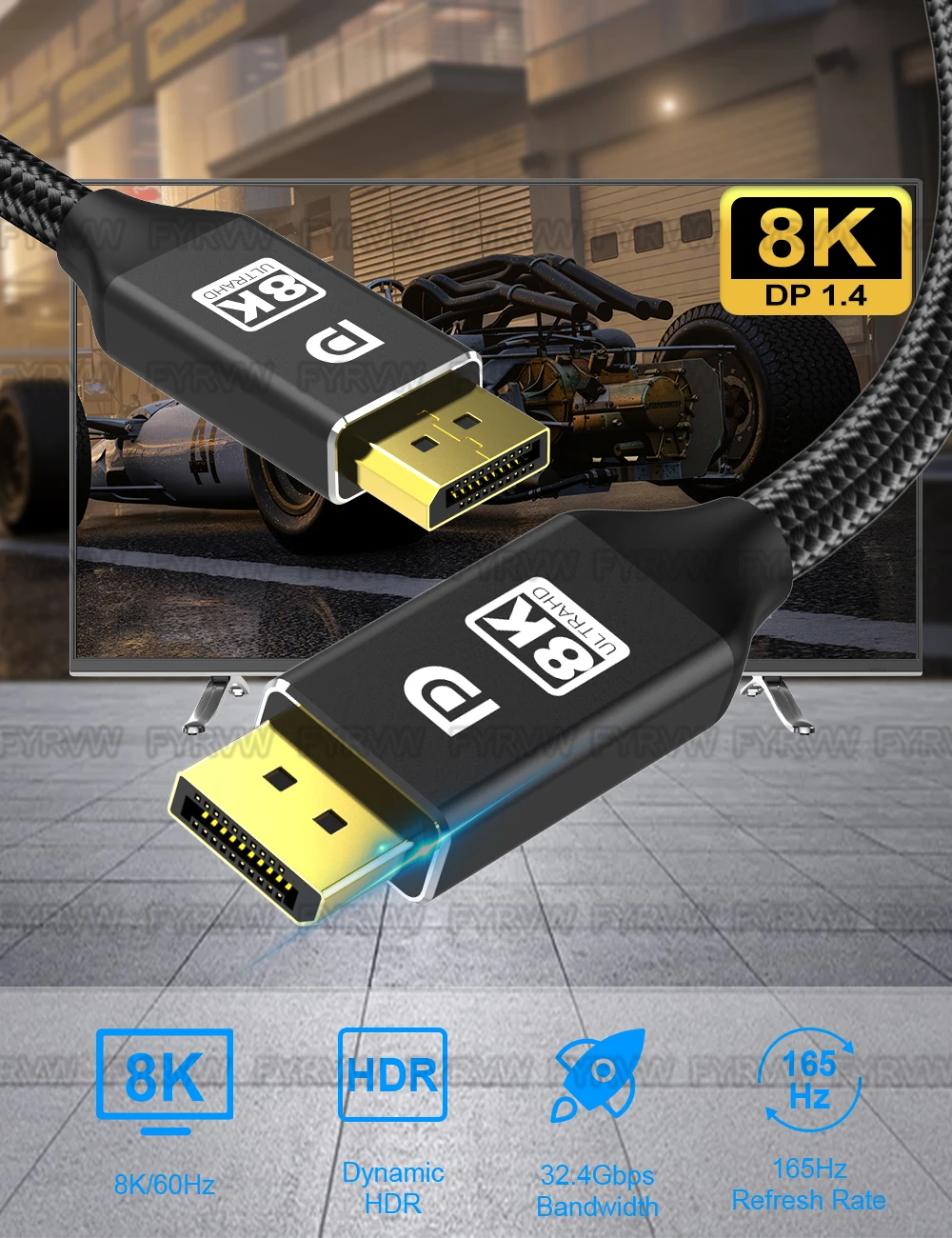 DisplayPort Cable DP 240Hz Cable DP1.4 8K 4K 144Hz 165Hz Display Port Cord Adapter For Video PC Laptop TV 8K Display Port Cable