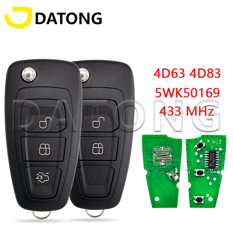 Datong World Car Key Fit For Ford Focus Transit C-Max S-Max MK3 Mondeo 4D63+/83 Chip 433MHz FSK 5WK50165 5WK50166 5WK50168
