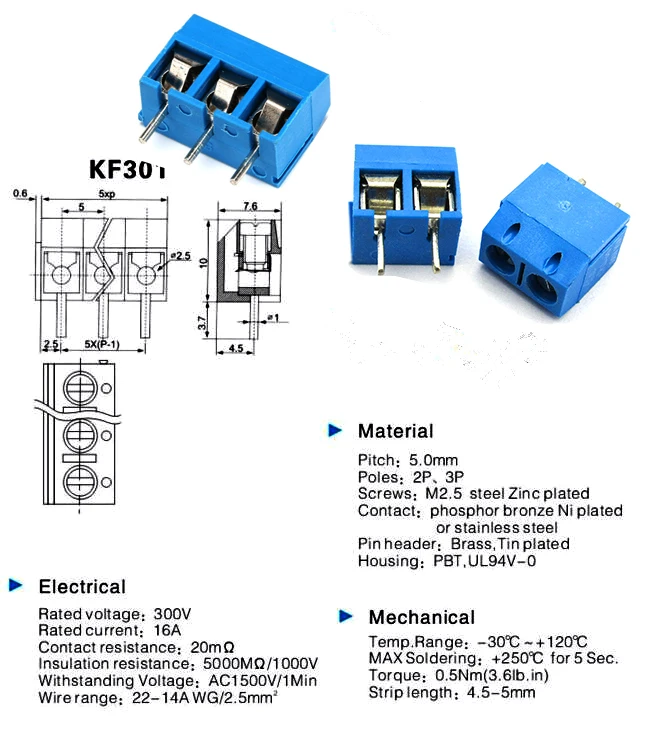 10/50/100Pcs/lot KF301-5.0-2P KF301-3P Pitch 5.0mm Straight Pin 2P 3P Screw PCB Terminal Block Connector
