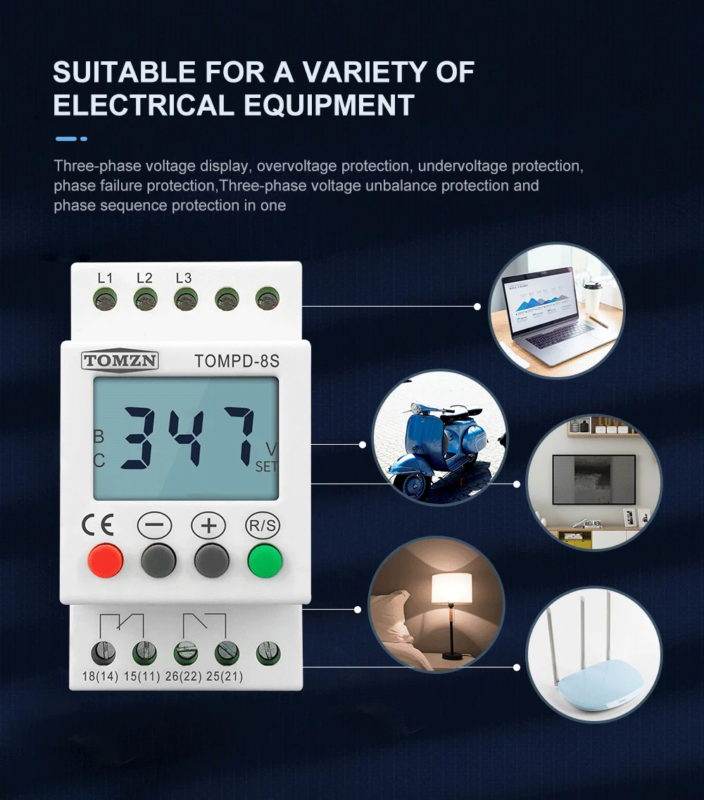 TOMZN 3 Phase Din Rail Adjustable Under Over Voltage Protector Voltage Monitoring Sequence Protection Relay