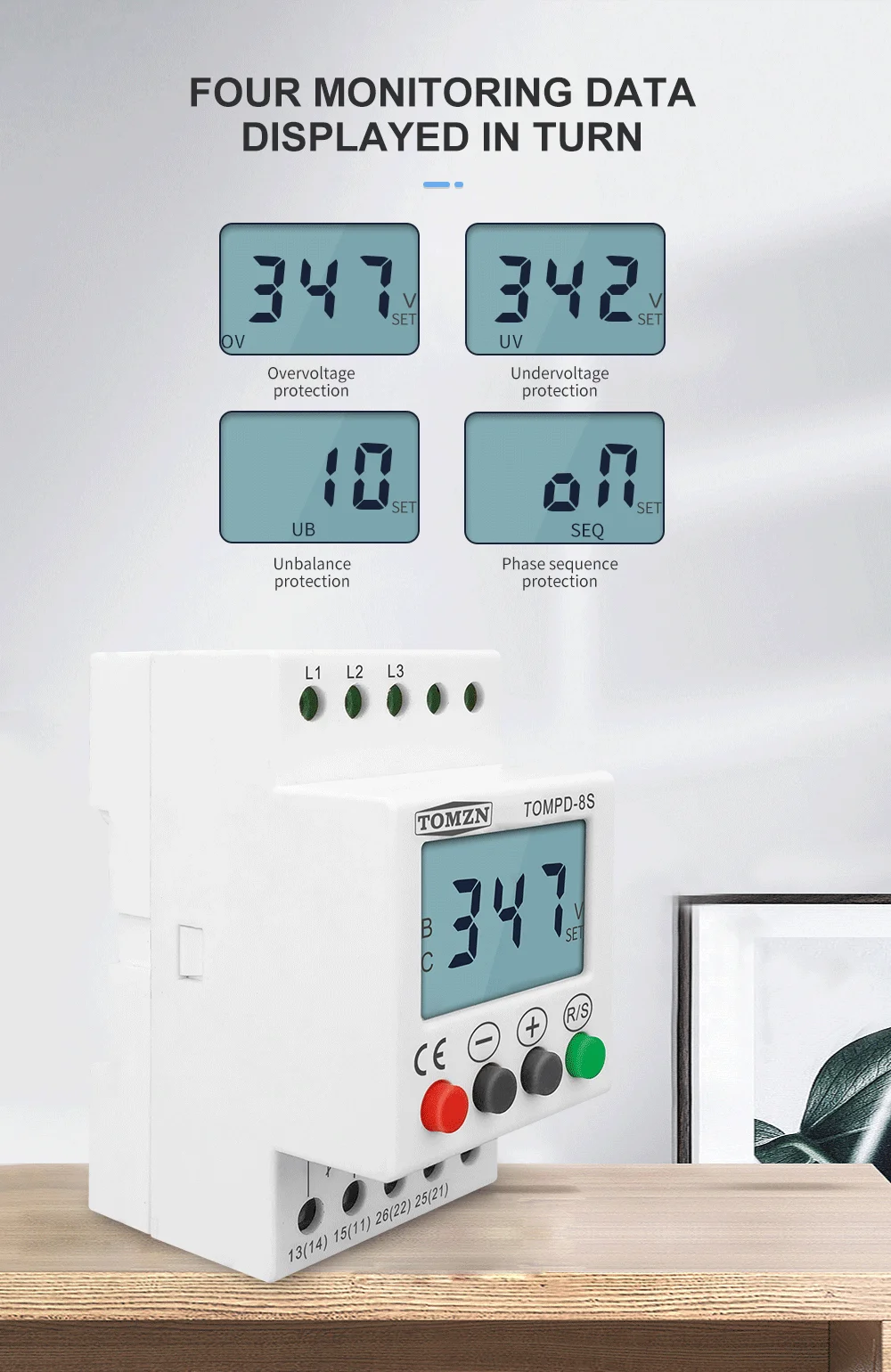 TOMZN 3 Phase Din Rail Adjustable Under Over Voltage Protector Voltage Monitoring Sequence Protection Relay