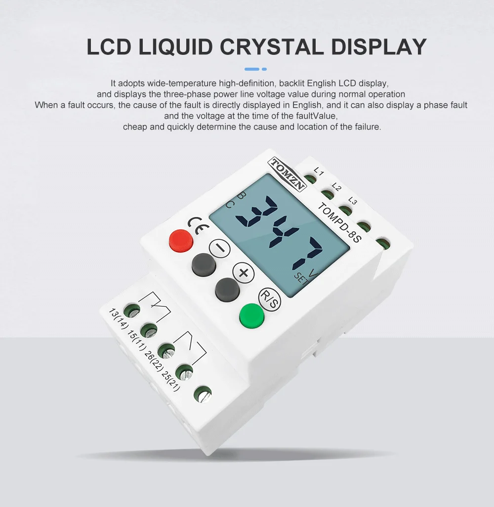 TOMZN 3 Phase Din Rail Adjustable Under Over Voltage Protector Voltage Monitoring Sequence Protection Relay