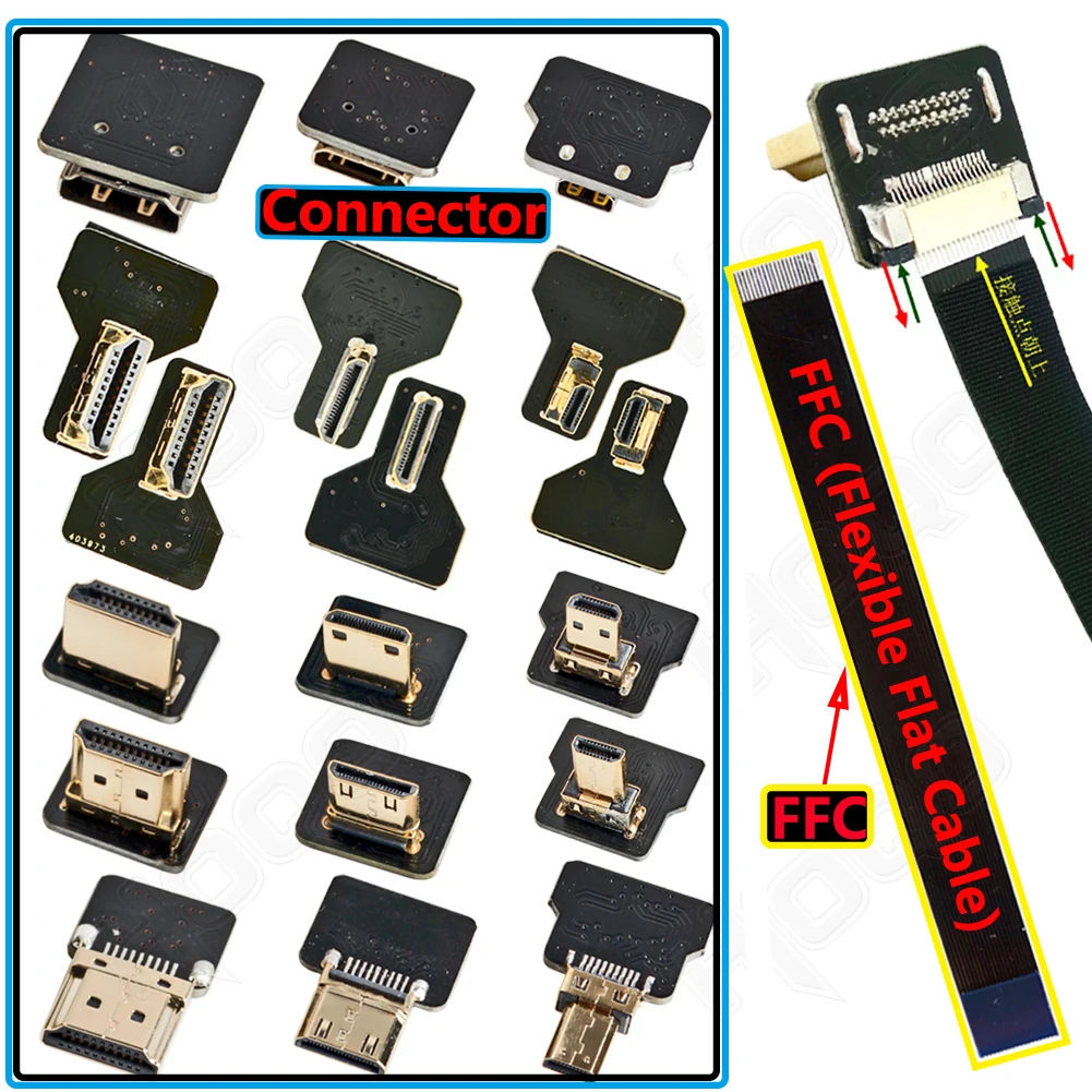 HDMI-Compatible FFC flexible flat cable for Raspberry Pi 4 Micro H DMI to HD/Mini HDM I Female 90 Degree FFC 20pin Ribbon FPV