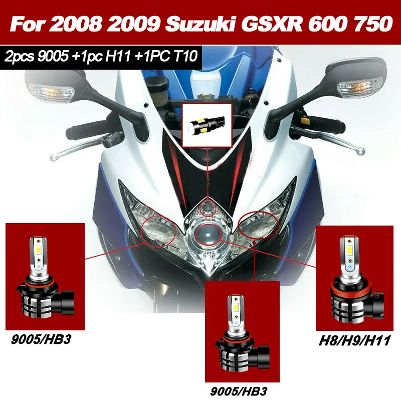 Motorcycle 9600LM LED Headlight High Low Beam Park Light Bulbs Kit 4PCS White 6000K For 2008 2009 Suzuki GSXR 600 750